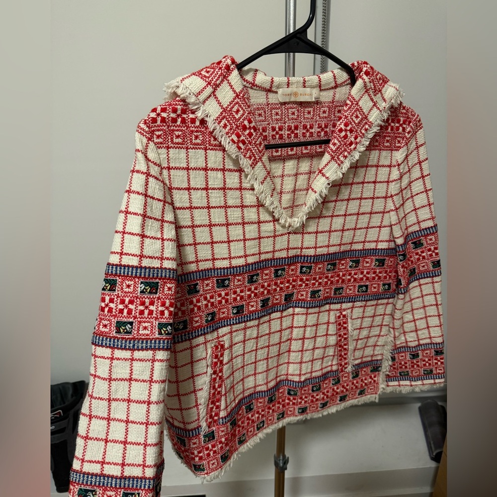Tory Burch Red and Cream Woven Hooded Pullover with Fringe